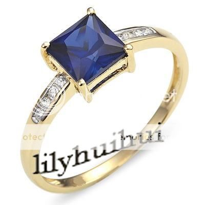 New Exclusive Blue Sapphire Womans 10KT Yellow Gold Filled Ring Size 